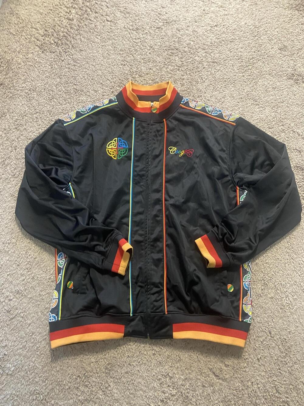 COOGI Jacket Mens XL Black Track Full Zip Multicolor Embroidered Back Graphic